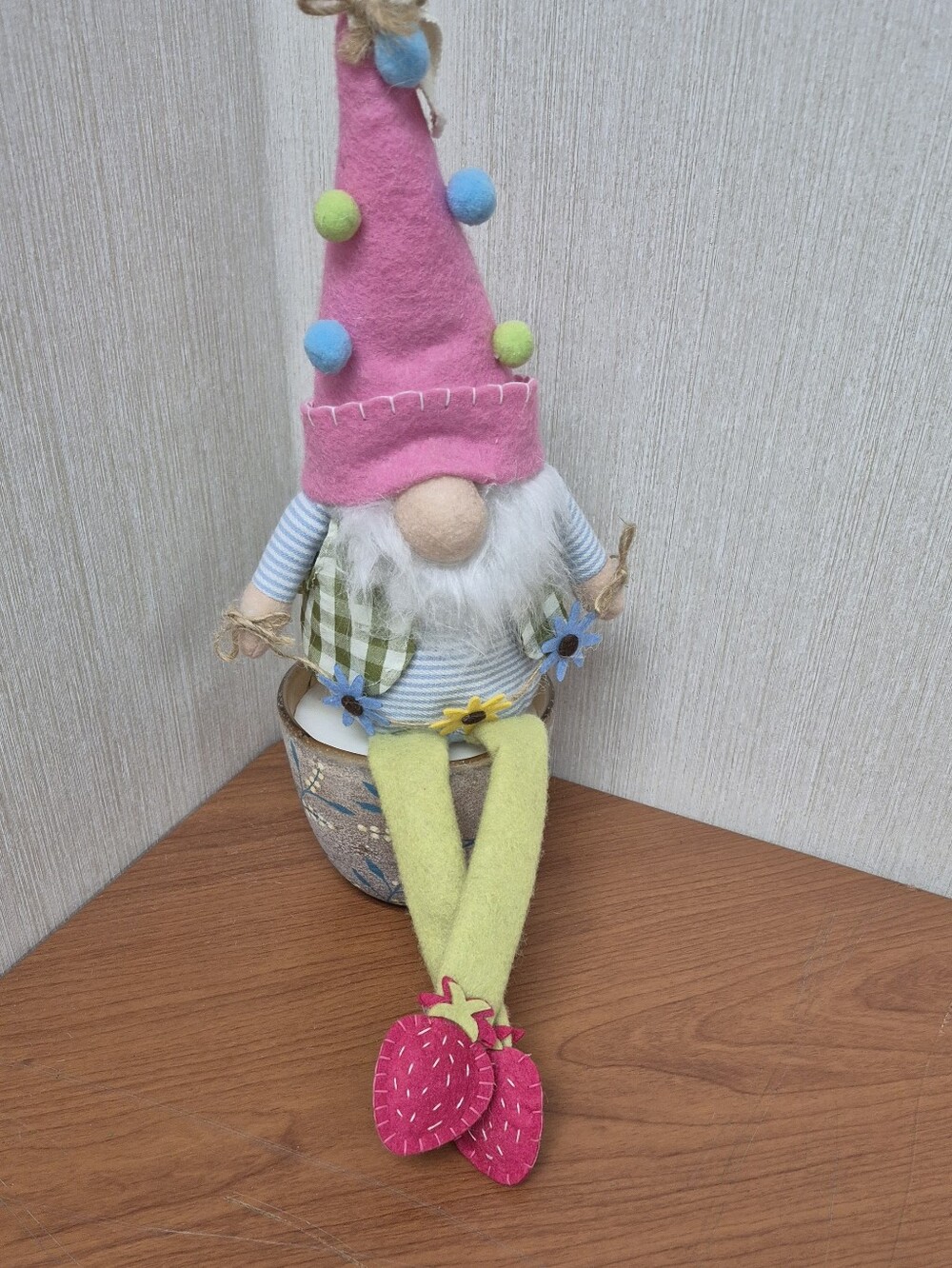 Pink-Hat Garden Gnome Plush with Strawberry Feet. BRAND NEW! Perfect For Summer